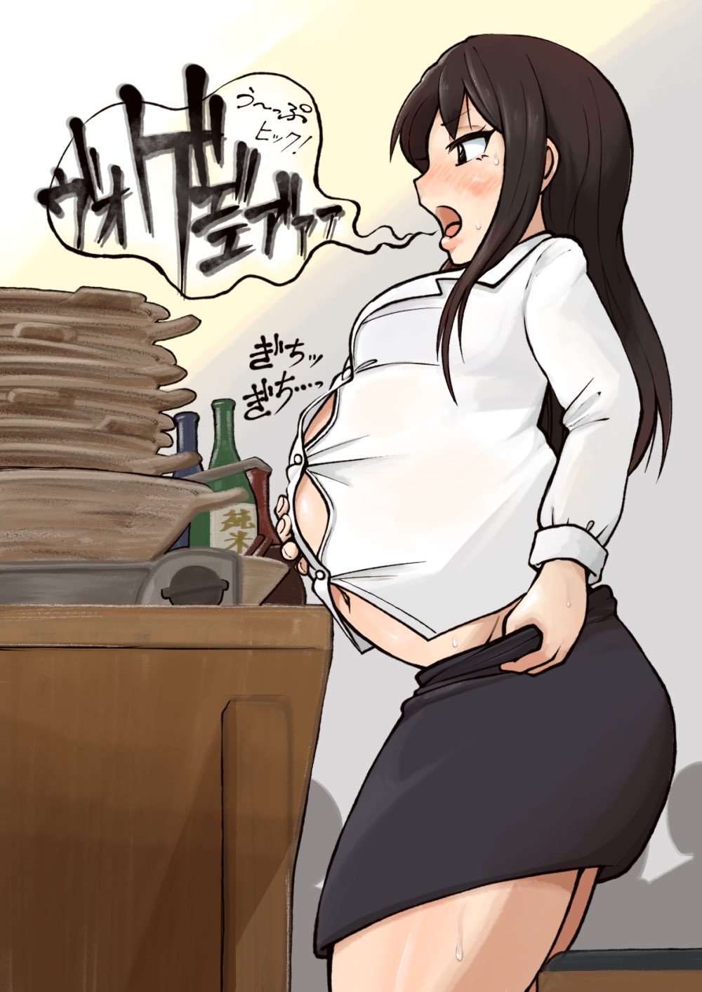 highres, after meal, belly, big belly, black eyes, black hair, bloated, bottle, bowl, bowl stack, burp, chopsticks, from side, full stomach, long hair, navel, open mouth, orca0091, pencil skirt, shirt, skirt, sweat, white shirt, wine bottle