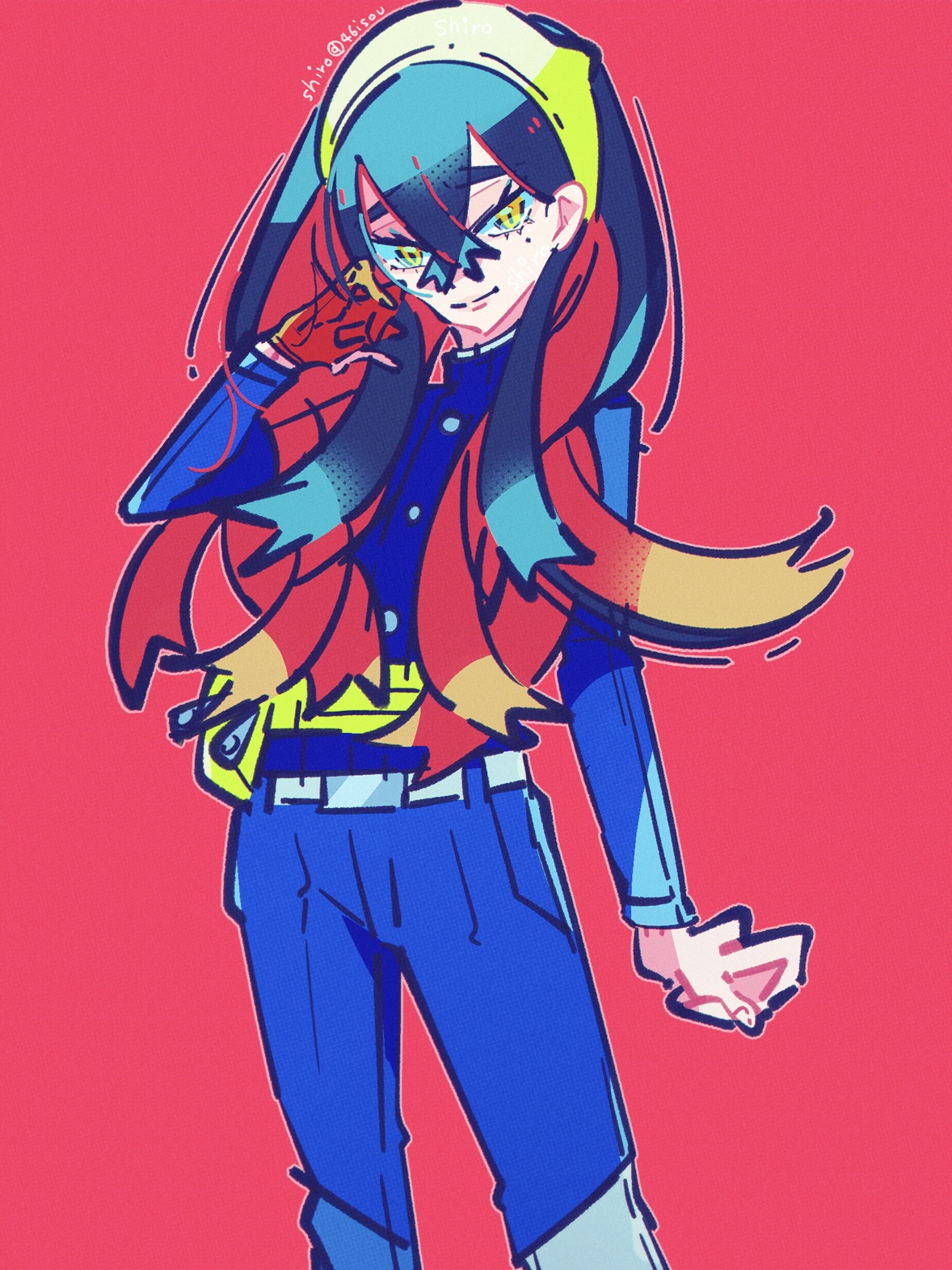 shiro (46isou), carmine (pokemon), nintendo, pokemon, pokemon sv, highres, 1girl, artist name, black hair, blue jacket, blue pants, blueberry academy school uniform, closed mouth, colored inner hair, crossed bangs, fanny pack, gloves, hair between eyes, hairband, jacket, long hair, long sleeves, looking at viewer, mole, mole under eye, multicolored hair, pants, partially fingerless gloves, red background, red gloves, red hair, school uniform, single glove, smile, solo, two-tone hair, yellow eyes, yellow hairband