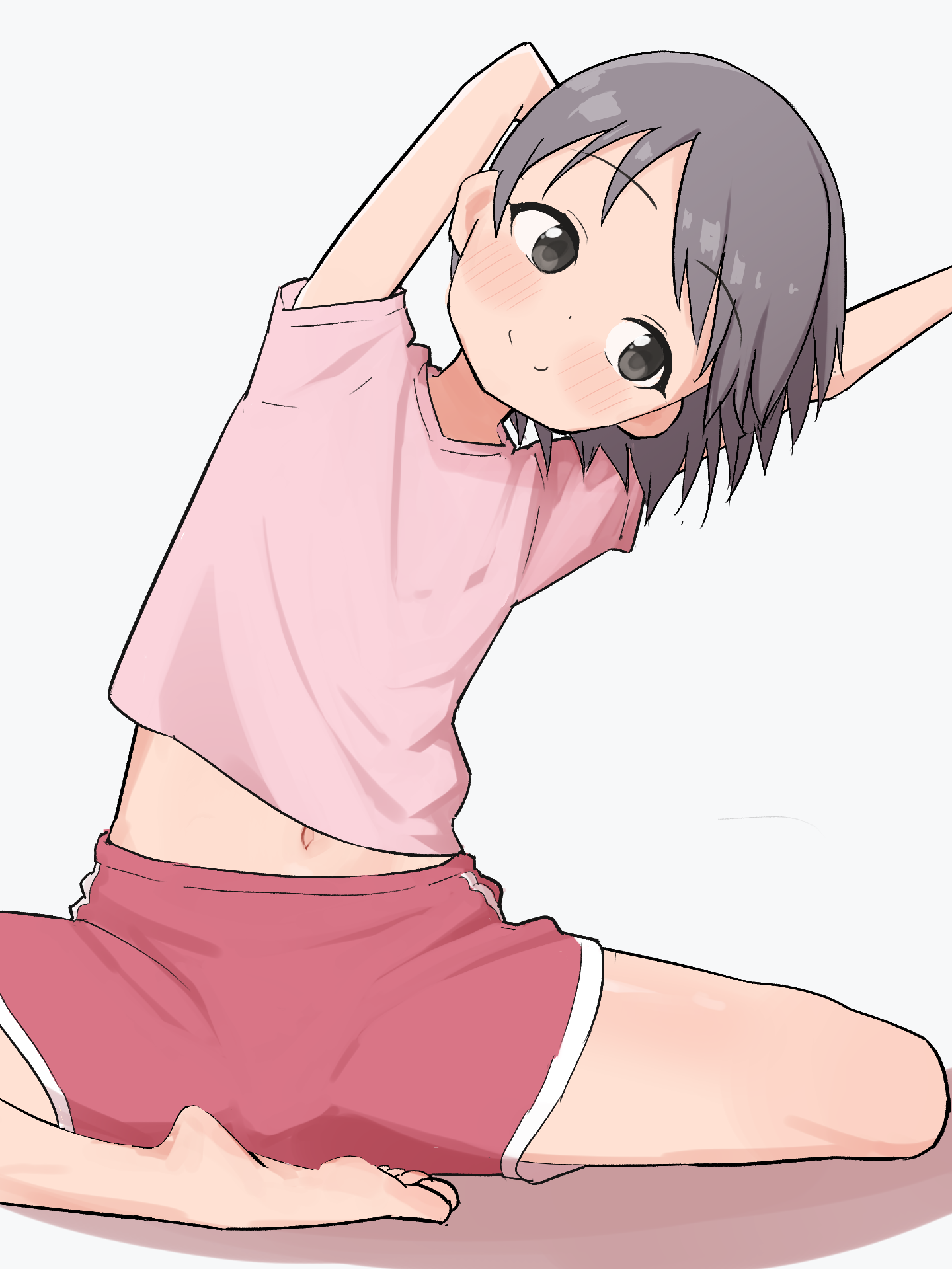 kok, otokura yuuki, idolmaster, idolmaster cinderella girls, highres, 1girl, arms up, blush, exercising, feet, flat chest, grey eyes, grey hair, legs, navel, shirt, short hair, shorts, sitting, smile, solo, stomach, thighs, white background