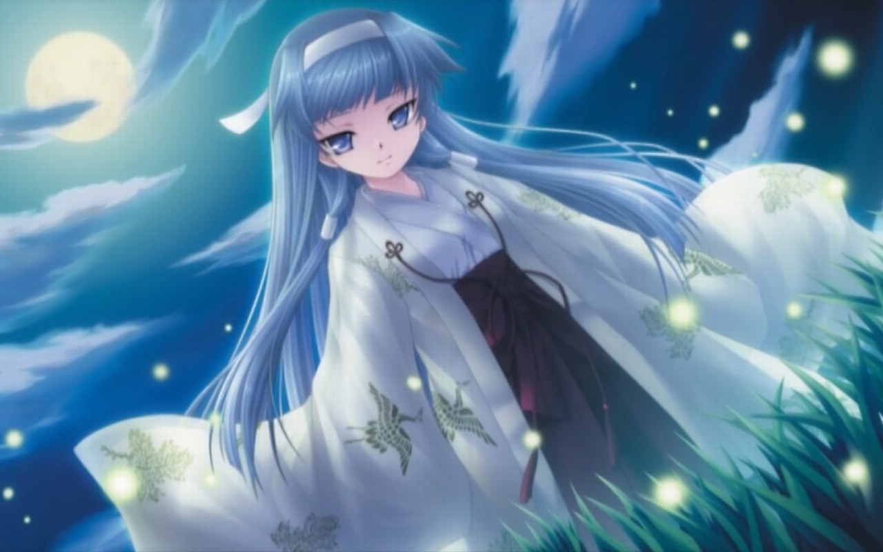 blue eyes, blue hair, bug, firefly, japanese clothes, kimono, long hair, miko, moon, sky, smile