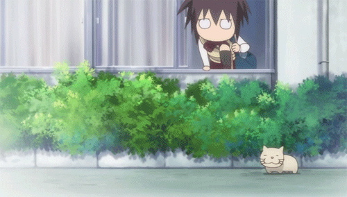 kawazoe tamaki, bamboo blade, animated, animated gif, lowres, 00s, 1girl, animal, bag, brown hair, cat, chibi, ninja, outdoors, school, school uniform, shield, skirt, spinning, what, window
