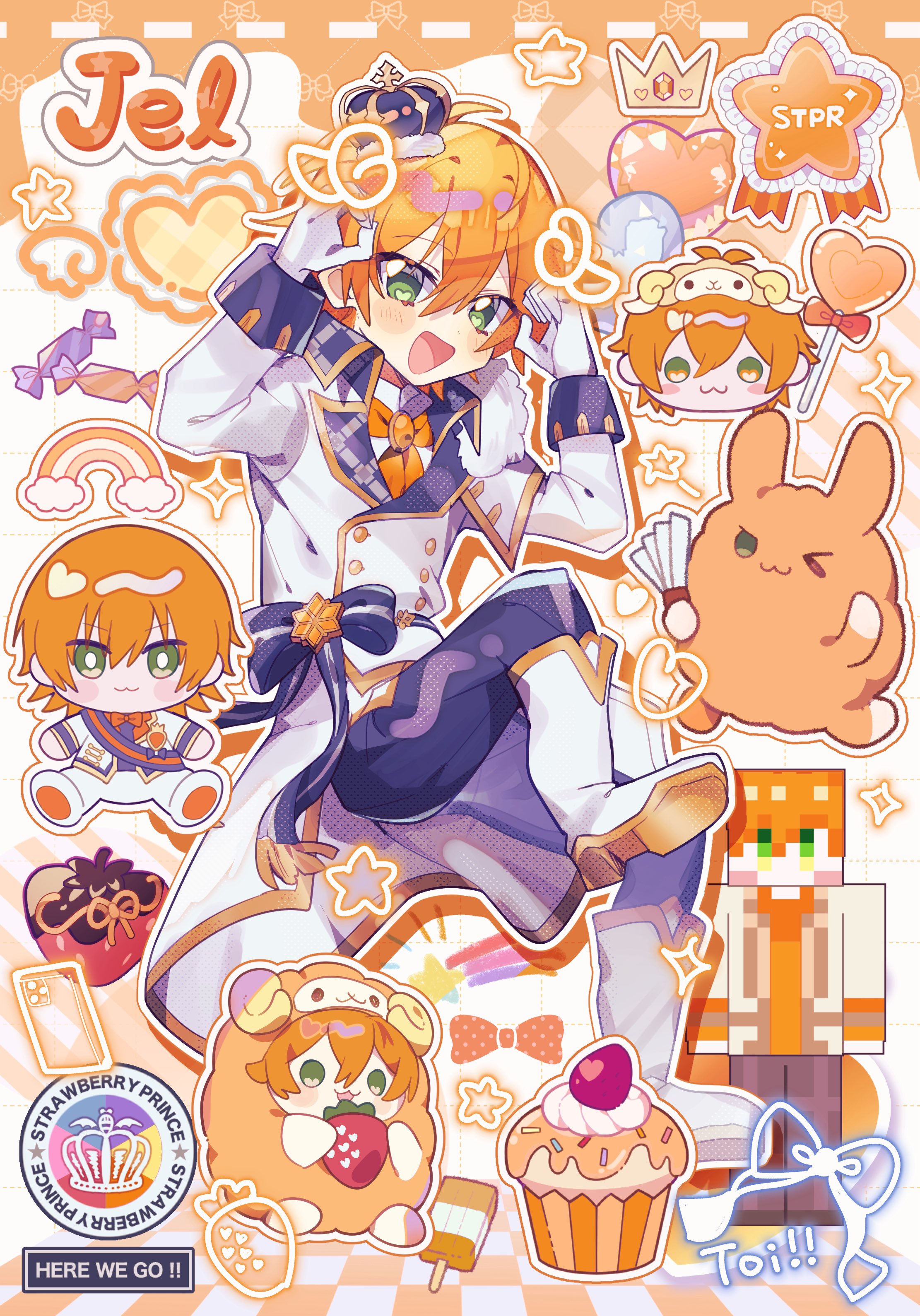 jel (stpri), strawberry prince, absurdres, commentary, highres, 1boy, blue pants, blush stickers, boots, bow, character name, crown, cupcake, food, full body, gloves, green eyes, hair between eyes, jacket, male focus, mini crown, multiple views, open mouth, orange bow, orange hair, pants, pitupituta, short hair, smile, stuffed toy, white boots, white gloves, white jacket