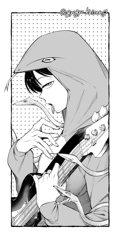 kouyama rin, futsuu no keion-bu, commentary request, 1girl, animal costume, animal hood, bass guitar, cosplay, from side, greyscale, guitar strap, gyogyo kasien, hand up, holding, holding bass guitar, holding instrument, hood, hood up, inset border, instrument, kigurumi, long sleeves, looking at viewer, monochrome, official alternate costume, outside border, profile, snake, snake costume, solo, tongue, tongue out, twitter username