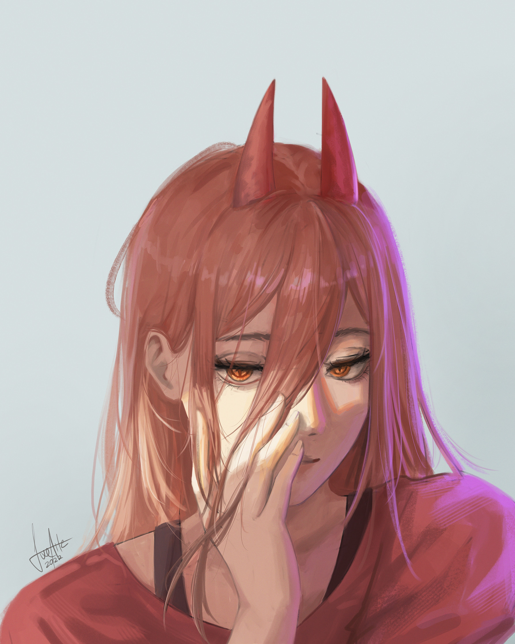 luxearte, power (chainsaw man), chainsaw man, commentary, english commentary, highres, 1girl, blue background, closed mouth, cross-shaped pupils, dated, demon horns, gradient background, hair between eyes, hand to own mouth, horns, lips, long hair, long hair between eyes, portrait, red hair, red horns, red shirt, shirt, signature, solo, symbol-shaped pupils, yellow eyes