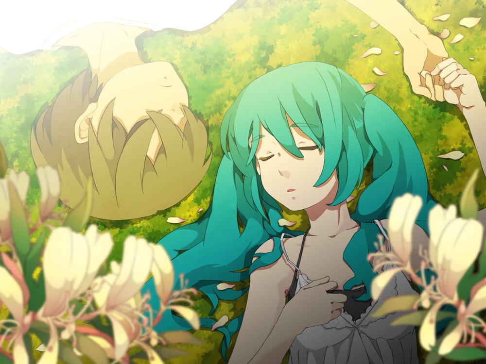 name (pixiv), name (sh), hatsune miku, vocaloid, bad id, bad pixiv id, 1boy, 1girl, aqua hair, camisole, casual, closed eyes, couple, hetero, holding hands, sleeping, twintails