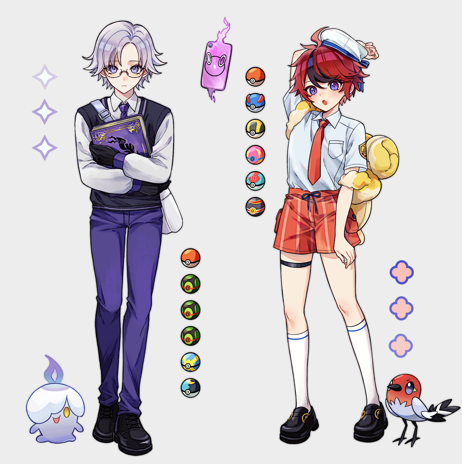 amera (irisqr3), aotsuki eito, fidough, fletchling, litwick, miraidon, rotom, rotom phone, shion (hundred line), sumino takumi, nintendo, pokemon, the hundred line -last defense academy-, chinese commentary, commentary request, highres, 2boys, ahoge, alternate universe, arm up, backpack, bag, black shoes, black streaks, black vest, blue eyes, book, collared shirt, dusk ball, fire, gen 4 pokemon, gen 5 pokemon, gen 6 pokemon, glasses, gloves, great ball, grey background, grey hair, hat, heal ball, heterochromia, holding, holding book, invisible floor, looking at viewer, lure ball, luxury ball, male focus, moon ball, multicolored hair, multiple boys, necktie, pants, pink eyes, pink fire, poke ball, pokemon (creature), purple eyes, purple fire, purple necktie, purple pants, quick ball, red hair, red necktie, red shorts, shirt, shoes, short hair, shorts, shoulder bag, socks, standing, streaked hair, thigh strap, ultra ball, vest, white bag, white eyes, white hat, white shirt, white socks, yellow eyes