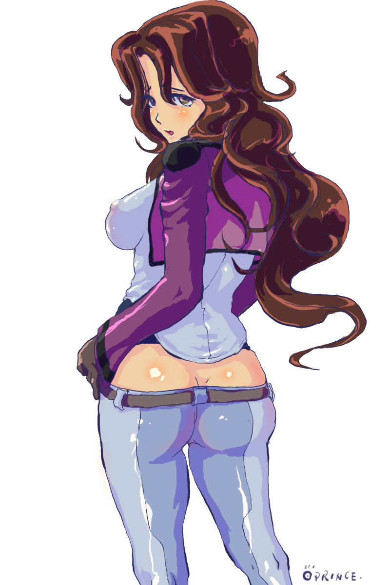 oprince, sumeragi lee noriega, gundam, gundam 00, highres, 00s, 1girl, ass, belt, blush, breasts, brown eyes, brown hair, butt crack, female focus, gloves, jacket, long hair, lowleg, lowleg pants, pants, solo, spandex, wavy hair