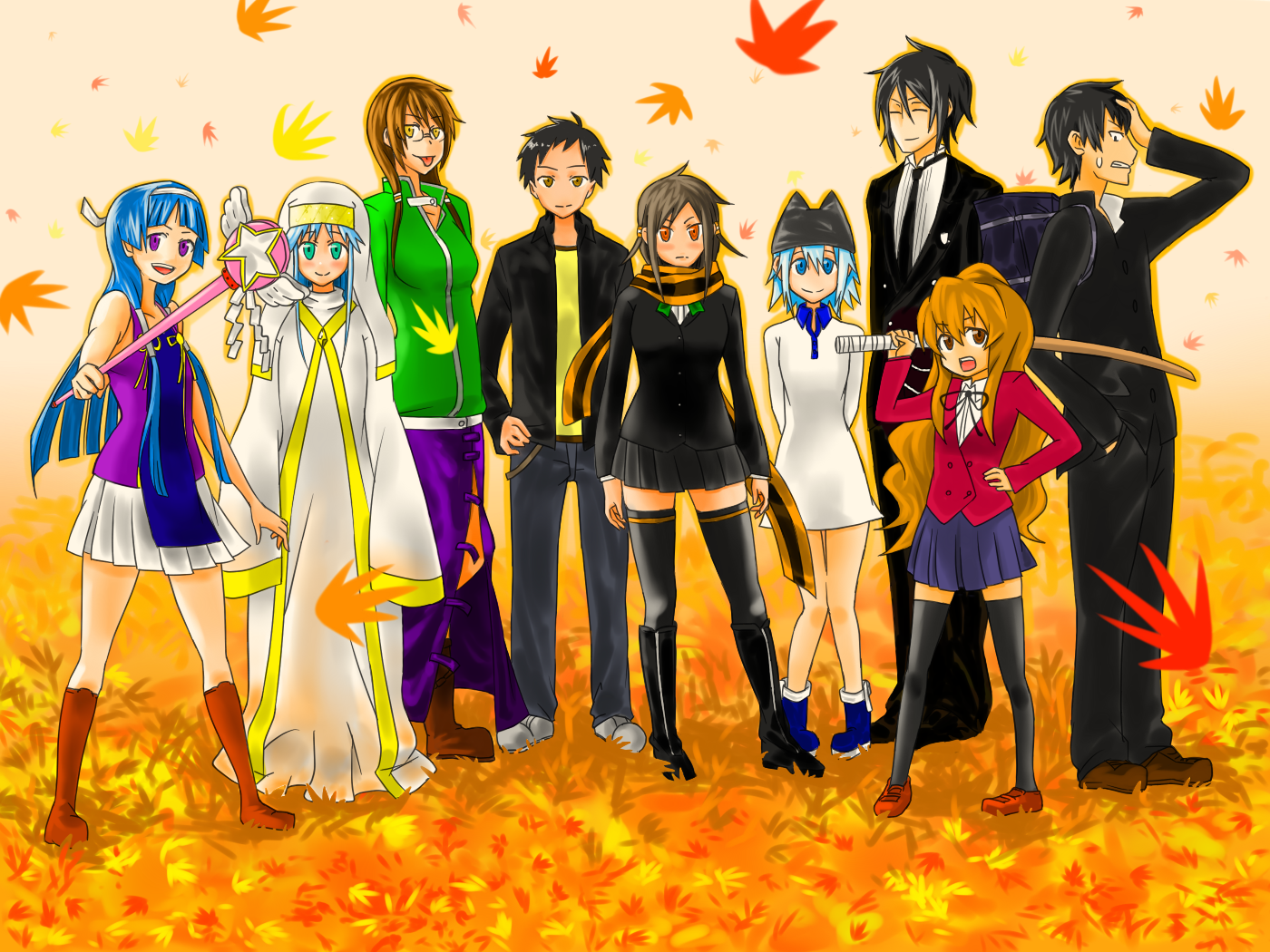 sobyoukyou, aisaka taiga, hiizumi akina, index (toaru majutsu no index), isone kotoha, nagi, nanami ao, sebastian michaelis, takasu ryuuji, yarizakura hime, kannagi, kuroshitsuji, toaru majutsu no index, toradora!, yozakura quartet, annotation request, bad id, bad pixiv id, character request, 00s, 3boys, 6+girls, autumn, black hair, blue eyes, blue hair, bokken, boots, brown hair, crossover, gakuran, green eyes, hair ribbon, hat, knee boots, leaf, multiple boys, multiple girls, orange eyes, pleated skirt, purple eyes, ribbon, robe, school uniform, serafuku, skirt, sword, thighhighs, wand, weapon, white skirt, wooden sword, yellow eyes, zettai ryouiki
