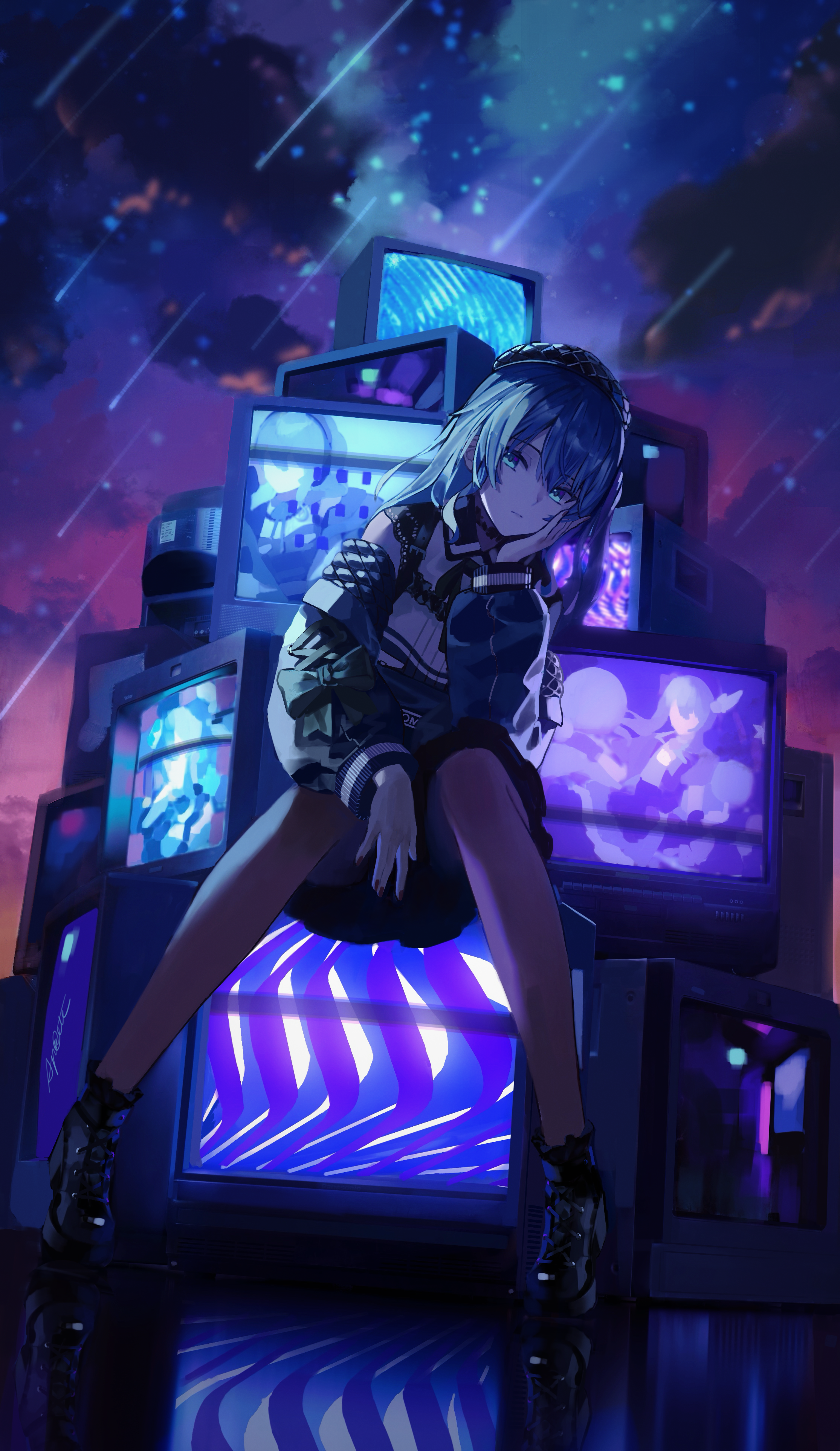 hoshimachi suisei, hololive, absurdres, commentary, highres, symbol-only commentary, 1girl, beret, black shoes, blue eyes, blue hair, blurry, cloud, depth of field, full body, hat, head rest, konerluv, long hair, long sleeves, looking at viewer, night, night sky, outdoors, pantyhose, purple pantyhose, shoes, shooting star, sitting, sky, solo, star (sky), starry sky, television, virtual youtuber