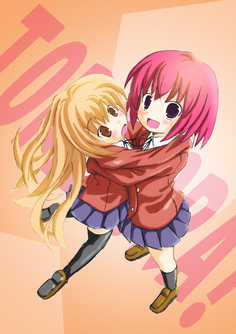 nisuki, aisaka taiga, kushieda minori, toradora!, 00s, 2girls, blush, brown eyes, brown hair, hug, multiple girls, purple eyes, red hair, school uniform, serafuku, smile, socks, thighhighs