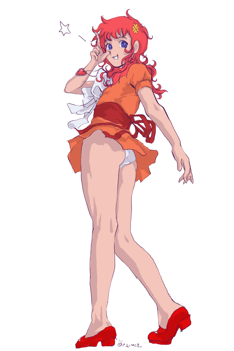 oprince, kanzaki megu, majokko megu-chan, toei company, highres, 1970s (style), ass, blue eyes, dress, hair ornament, hairclip, jewelry, magical girl, mary janes, necklace, oldschool, panties, pink hair, retro artstyle, shoes, solo, underwear