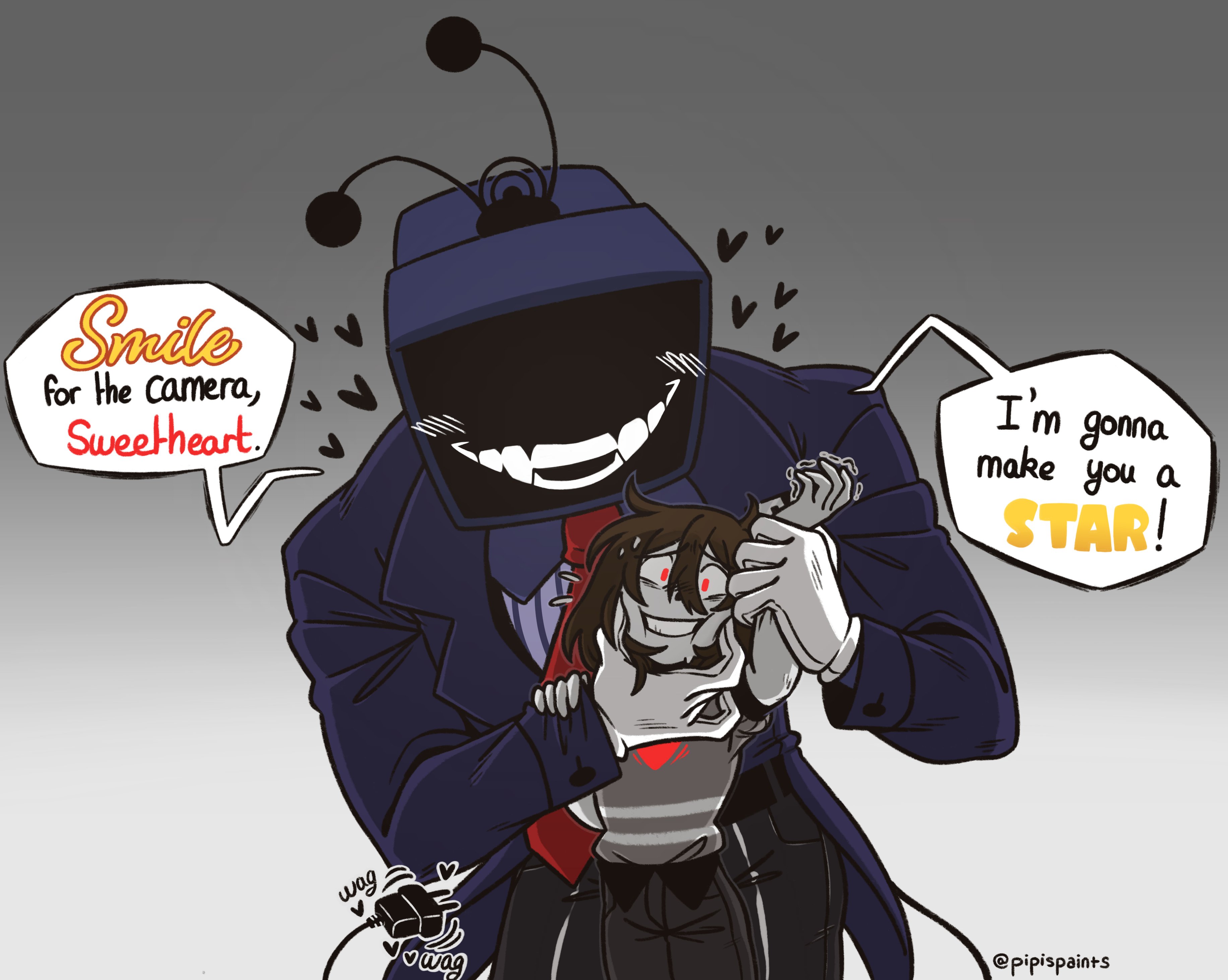 ant tenna, soul (deltarune), vessel (deltarune), deltarune, utdr (toby fox), absurdres, commentary, english commentary, highres, 1boy, 1other, arm up, black jacket, black pants, blush, brown hair, cheek squash, collared shirt, colored skin, crt, defernull, electric plug, electric plug tail, english text, flying sweatdrops, gloves, grabbing another's arm, grey shirt, grey skin, hair between eyes, heart, jacket, necktie, object head, pants, pipispaints, radio antenna, red eyes, red necktie, shirt, shirt tucked in, short hair, smile, speech bubble, tail, tail wagging, teeth, twitter username, white gloves