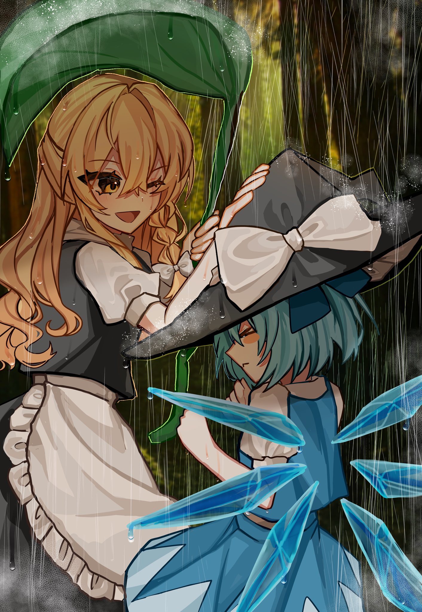 izumi no yasushi aya, cirno, kirisame marisa, touhou, commentary, highres, > <, 2girls, apron, black skirt, black vest, blonde hair, blue bow, blue hair, blue skirt, blue vest, borrowed clothes, bow, braid, closed mouth, detached wings, hair bow, hat, ice, ice wings, leaf umbrella, multiple girls, one eye closed, open mouth, puffy short sleeves, puffy sleeves, rain, shirt, short sleeves, side braid, single braid, skirt, smile, solo, vest, waist apron, white apron, white bow, white shirt, wings, witch hat, yellow eyes