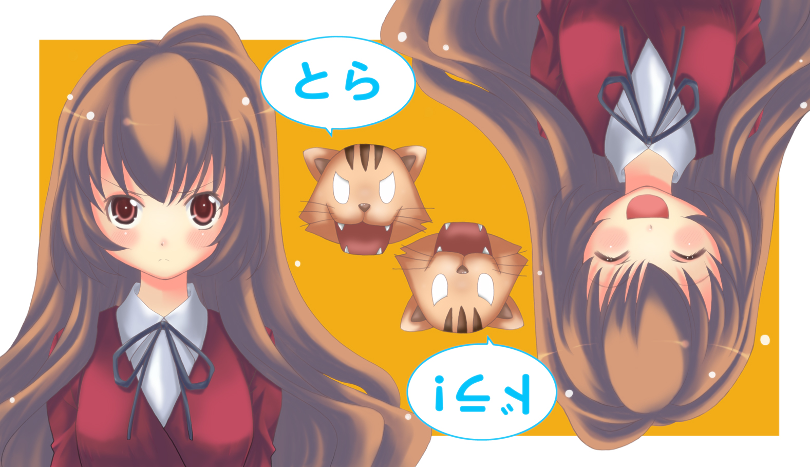 shirokuma, shirokuma (hello), aisaka taiga, toradora!, 00s, 1girl, brown hair, long hair, red eyes, school uniform, serafuku