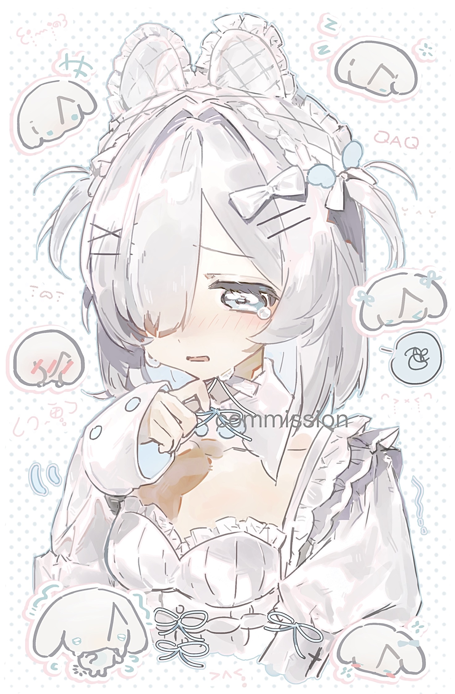 original, commission, highres, 1girl, blue eyes, crying, crying with eyes open, dress, hair ornament, hair over one eye, krraaa2.0, rabbit, short hair, tears, white dress, white hair
