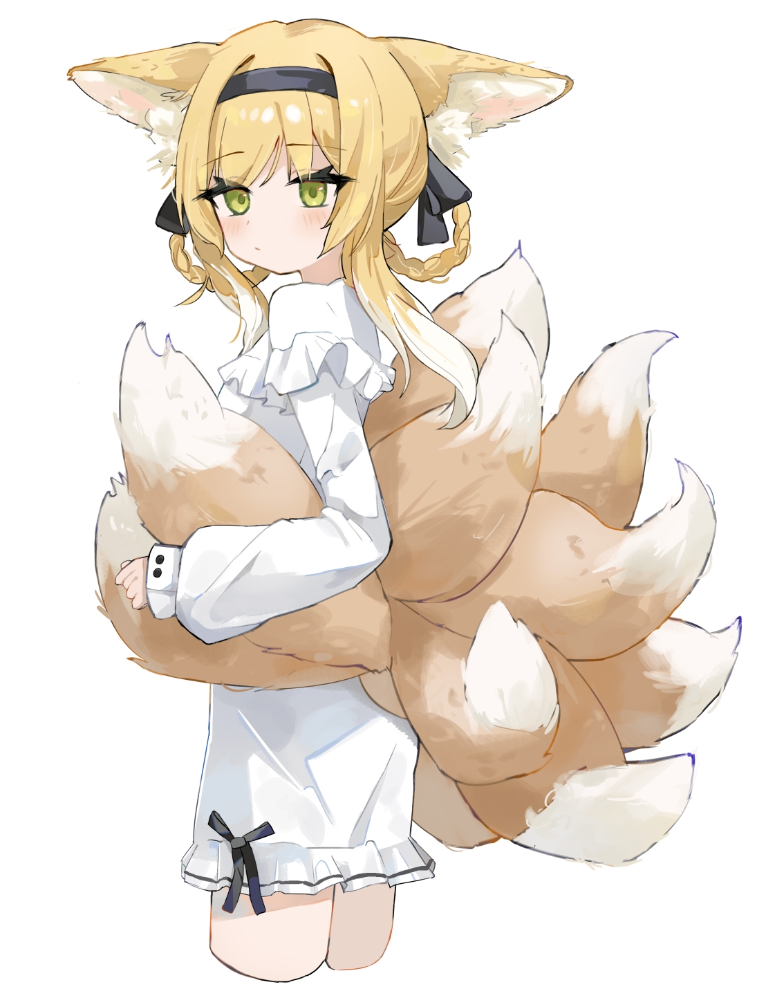 suzuran (arknights), arknights, chinese commentary, commentary, commentary request, highres, partial commentary, 1girl, alternate costume, animal ear fluff, animal ears, black hairband, blonde hair, blush, braid, braided hair rings, closed mouth, cropped legs, dress, fox ears, fox girl, fox tail, green eyes, hair rings, hairband, kitsune, kyuubi, long sleeves, multiple tails, puffy long sleeves, puffy sleeves, shirt, short hair, shorts, simple background, solo, tail, twin braids, white background, white dress, white shirt, white shorts, yi zhi xun