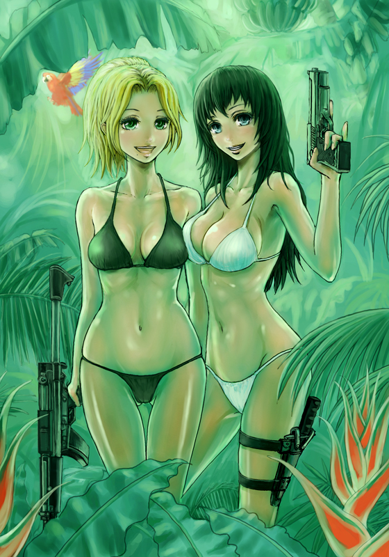 burunuu (bullnukko), domo, bad id, bad pixiv id, 2girls, bare shoulders, bikini, bird, black hair, blonde hair, breasts, cleavage, collarbone, grin, groin, gun, handgun, jungle, knife, large breasts, lips, machine gun, midriff, multiple girls, nature, navel, parrot, pistol, smile, swimsuit, thigh strap, trigger discipline, weapon