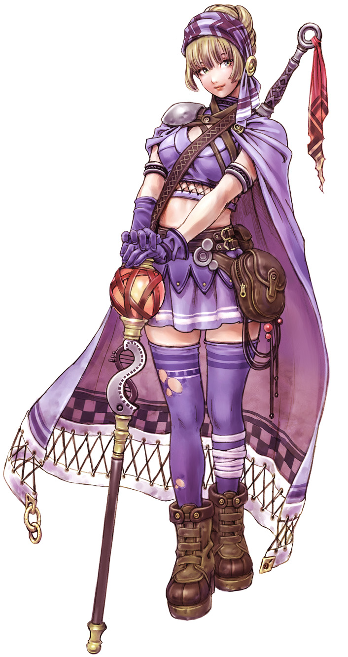 yamashita shun'ya, original, bad id, bad pixiv id, highres, 1girl, blonde hair, boots, cape, female focus, hairband, midriff, skirt, solo, staff, sword, thighhighs, torn clothes, torn thighhighs, weapon