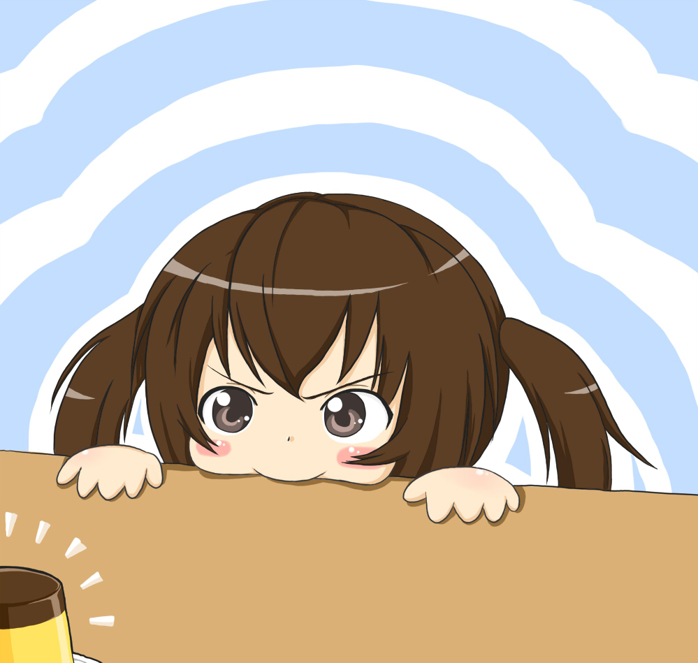 peppe, minami kana, minami-ke, bad id, bad pixiv id, 00s, 1girl, blush, blush stickers, brown eyes, brown hair, female focus, food, pudding, solo, twintails