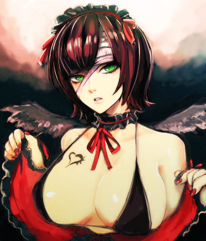 igarashi ran (igatz), igatz, amami haruka, idolmaster, idolmaster (classic), idolmaster 1, bad id, bad pixiv id, 00s, 1girl, bandages, bikini, bikini top only, black bikini, breasts, brown hair, cleavage, female focus, green eyes, large breasts, short hair, solo, swimsuit, tattoo, wings