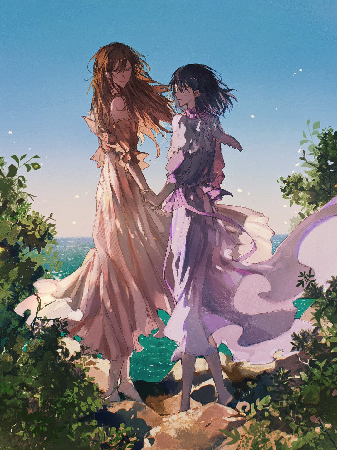 han sooyoung, yoo sangah, omniscient reader's viewpoint, highres, 2girls, barefoot, black hair, breathing742105, brown eyes, brown hair, bush, cliff, clothing cutout, day, dress, full body, hair flowing over, hand grab, horizon, light particles, long hair, multiple girls, orange dress, outdoors, purple dress, short hair, shoulder cutout, sleeve cuffs, smile, standing, wind, yuri