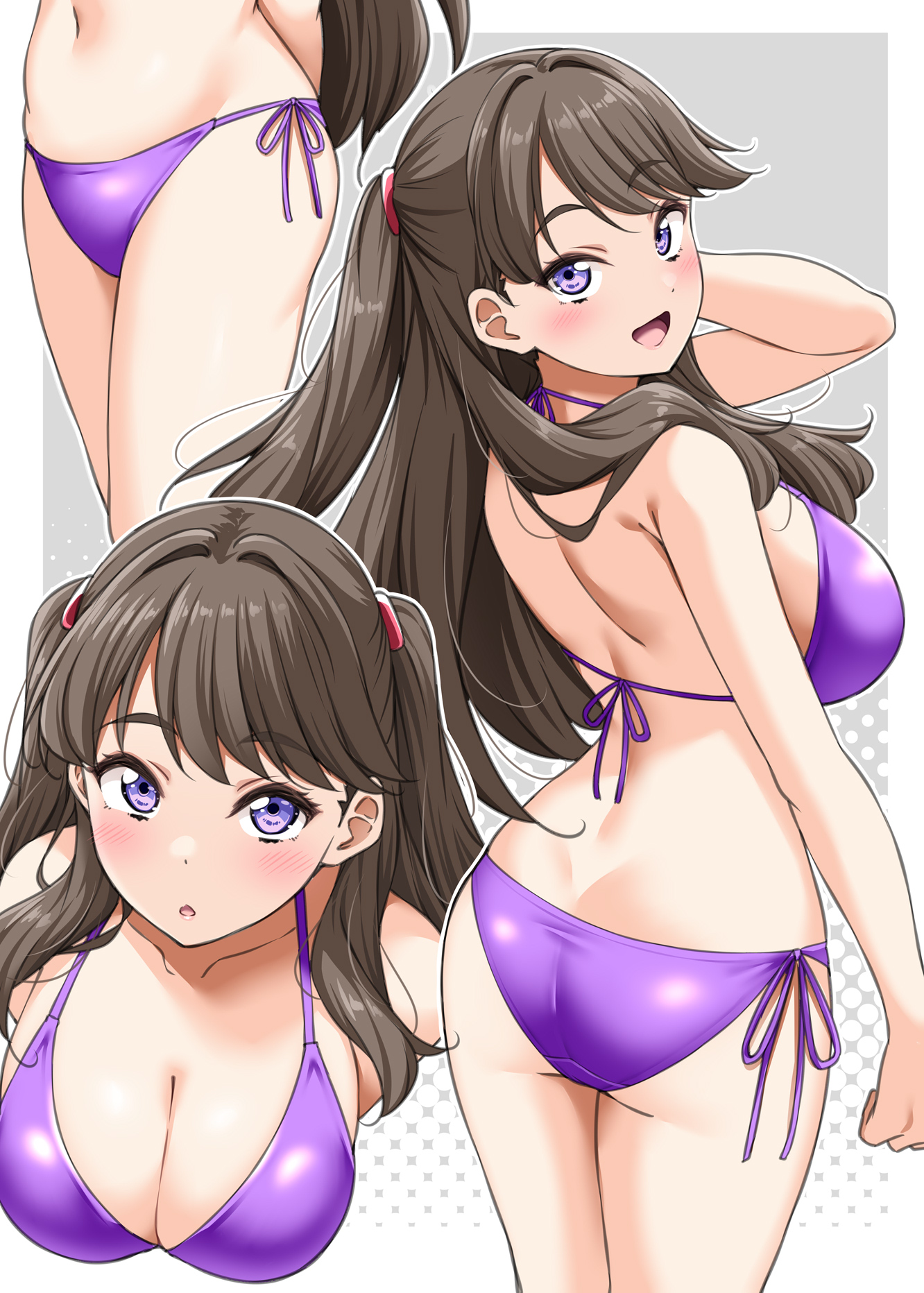 yopparai oni, fujishima megumi, link! like! love live!, love live!, commentary request, highres, 1girl, ass, back, bikini, blush, breasts, brown hair, cleavage, collarbone, cowboy shot, from behind, hair intakes, hand in own hair, large breasts, long hair, looking at viewer, looking back, multiple views, navel, open mouth, purple bikini, purple eyes, side-tie bikini bottom, smile, solo, swimsuit, two side up, upper body