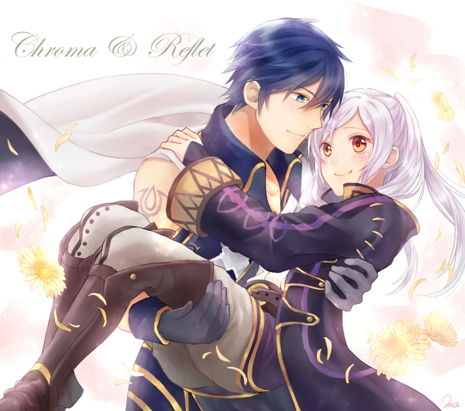 maki tabou, chrom (fire emblem), female robin (fire emblem), fire emblem, fire emblem awakening, nintendo, 1boy, 1girl, black robe, blue eyes, blue hair, blue shirt, boots, brand of the exalt, brown boots, brown hair, cape, carrying, closed mouth, collared shirt, couple, gloves, grey gloves, hetero, hooded robe, knee boots, long hair, long sleeves, open clothes, open robe, pants, princess carry, robe, shirt, short hair, smile, swept bangs, twintails, white cape, white hair, white pants