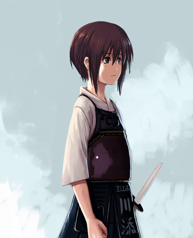 yuuji (and), kawazoe tamaki, bamboo blade, bad id, bad pixiv id, 00s, 1girl, bob cut, bougu, female focus, hakama, hakama skirt, japanese clothes, purple eyes, purple hair, shinai, skirt, solo, sword, weapon