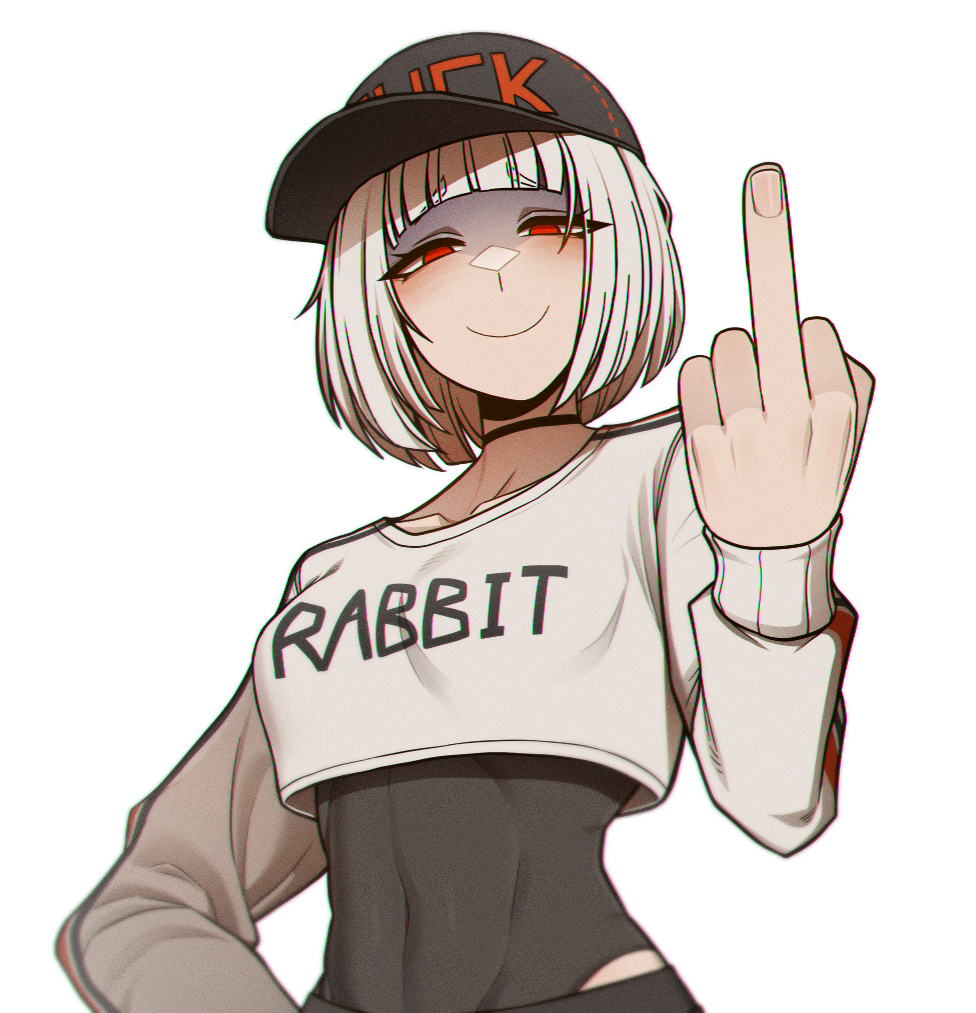 misg1111, myo (project moon), library of ruina, lobotomy corporation, project moon, highres, 1girl, baseball cap, black choker, black hat, black leotard, blunt bangs, bob cut, breasts, choker, closed mouth, clothes writing, collarbone, covered navel, crop top, cropped sweater, english text, eyes visible through hair, furrowed brow, hat, leotard, long sleeves, looking at viewer, medium breasts, middle finger, red eyes, shaded face, short hair, simple background, smile, solo, sweater, white background, white sweater