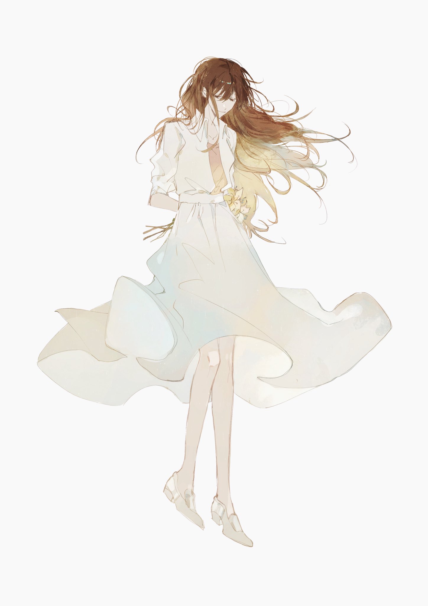 yoo sangah, omniscient reader's viewpoint, highres, 1girl, arms behind back, averting eyes, bouquet, breathing742105, dress, flower, full body, hair flowing over, holding, holding behind back, holding bouquet, knees together feet apart, lily (flower), orange shirt, shirt, sidelocks, slippers, smile, solo, white dress, wind