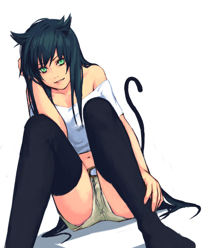 yuuji (and), original, bad id, bad pixiv id, 1girl, cat tail, female focus, green eyes, green hair, long hair, matching hair/eyes, midriff, navel, shorts, solo, tail, thighhighs, very long hair