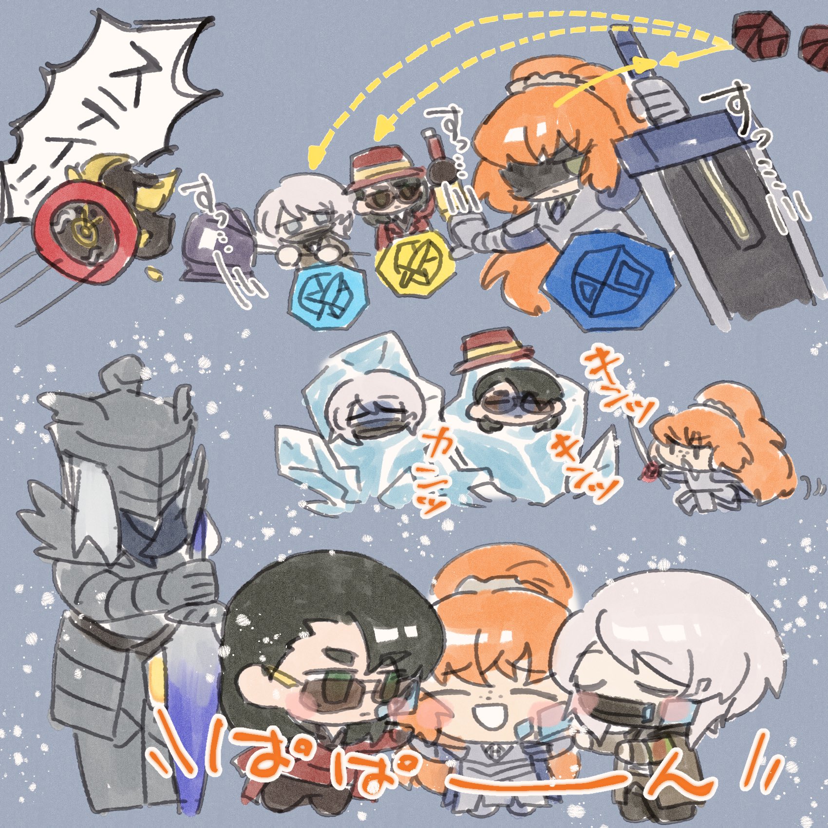 teryaa125, dante (limbus company), faust (project moon), ishmael (project moon), meursault (project moon), arknights, limbus company, project moon, highres, 1other, 2boys, 2girls, blush, e.g.o (project moon), freckles, frozen, glasses, hat, knight, multiple boys, multiple girls, snow, solemn lament (e.g.o), sword, the last knight (arknights), thumb (identity) (project moon), weapon, zwei association west uniform