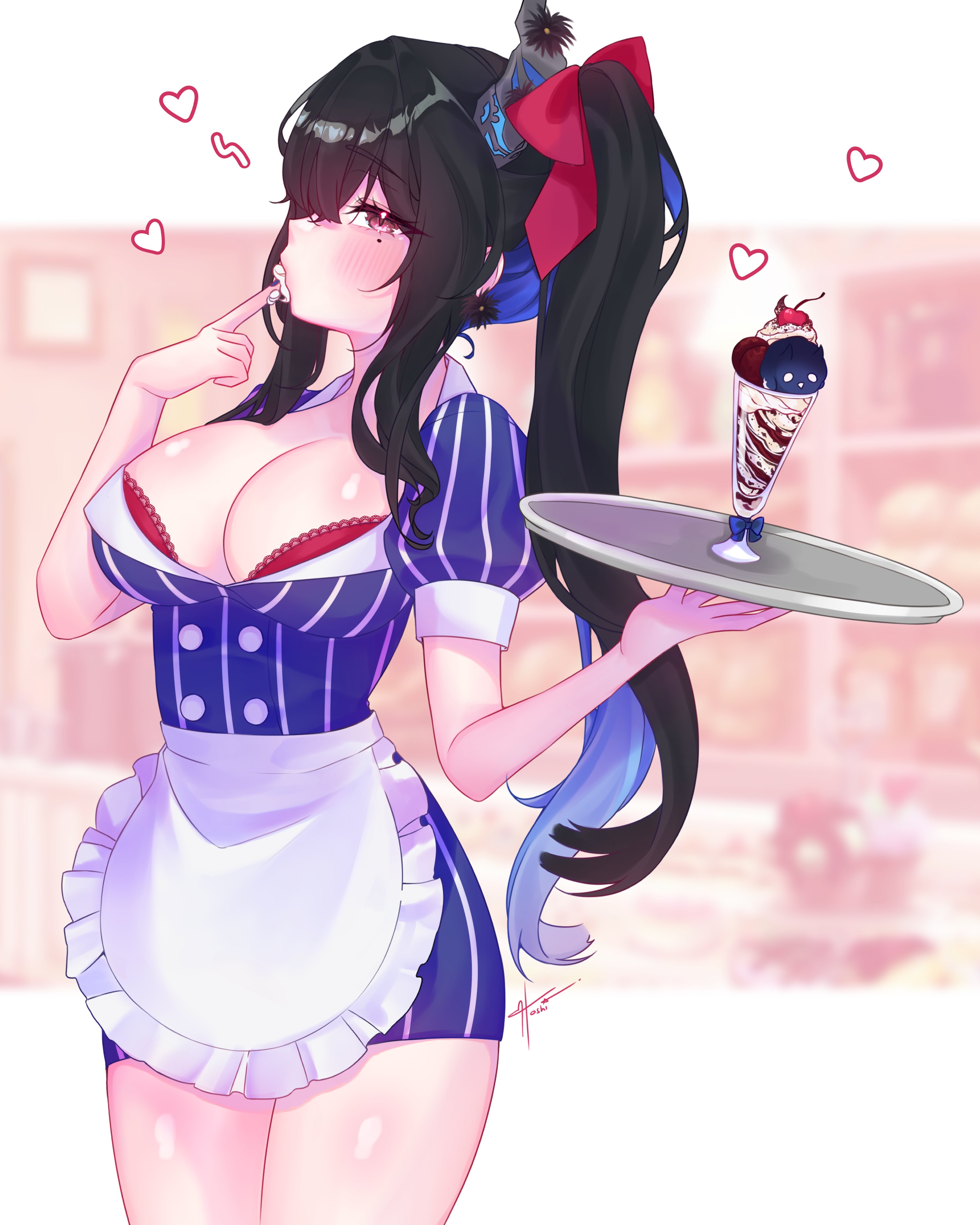 hoshiiii art, jailbird (nerissa ravencroft), nerissa ravencroft, hololive, hololive english, absurdres, highres, 1girl, apron, asymmetrical horns, black hair, black horns, blue hair, blush, breasts, cleavage, collarbone, colored inner hair, demon horns, diner, employee uniform, flower, food, frilled apron, frills, hair ornament, holding, holding tray, horn flower, horns, large breasts, long hair, looking at viewer, mole, mole under eye, multicolored hair, parfait, plaid apron, plaid clothes, pleated shirt, red eyes, short sleeves, skirt, smile, solo, tray, two-tone hair, uneven horns, very long hair, virtual youtuber, waist apron, waitress