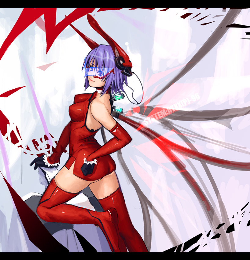 yuuji (and), original, bad id, bad pixiv id, 1girl, ass, boots, breasts, elbow gloves, female focus, gloves, large breasts, letterboxed, purple eyes, purple hair, short hair, solo, thigh boots, thighhighs
