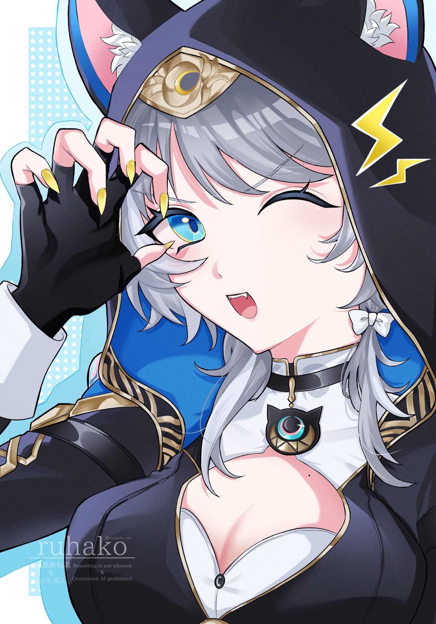 cipher (honkai: star rail), honkai: star rail, honkai (series), highres, 1girl, animal ear fluff, animal ears, animal hood, blue eyes, bow, breasts, cat ears, cat girl, cat hood, choker, cleavage, fang, fingerless gloves, gloves, grey hair, hood, large breasts, leotard, mole, mole on breast, one eye closed, polka dot, polka dot background, ruruhako 828, teeth, twitter username, upper body, upper teeth only, v-shaped eyebrows, white bow, white streaks, yellow nails