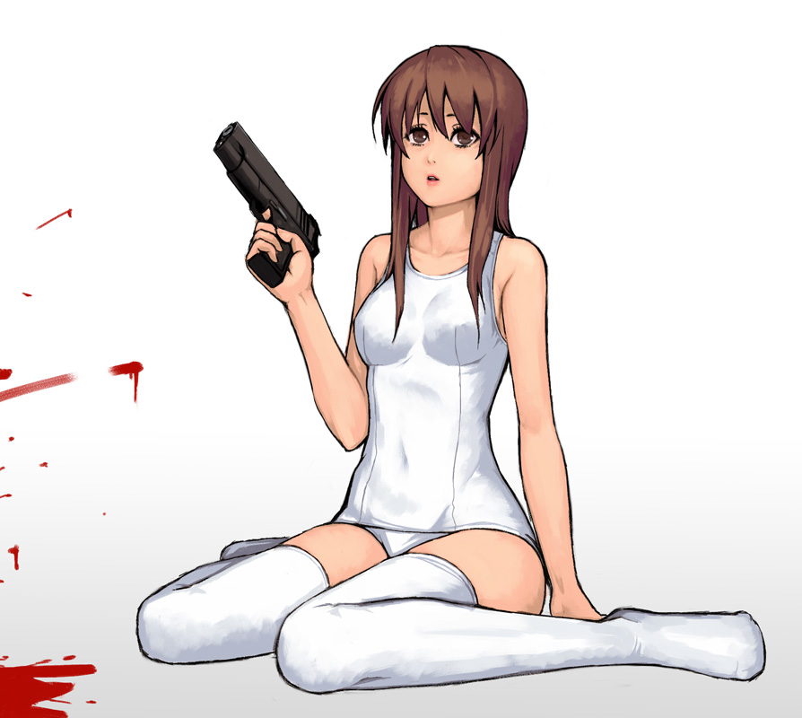 yuuji (and), original, bad id, bad pixiv id, 1girl, blood, breasts, brown eyes, brown hair, female focus, gun, handgun, long hair, m1911, medium breasts, one-piece swimsuit, pistol, school swimsuit, sitting, solo, swimsuit, thighhighs, wariza, weapon, white one-piece swimsuit, white school swimsuit