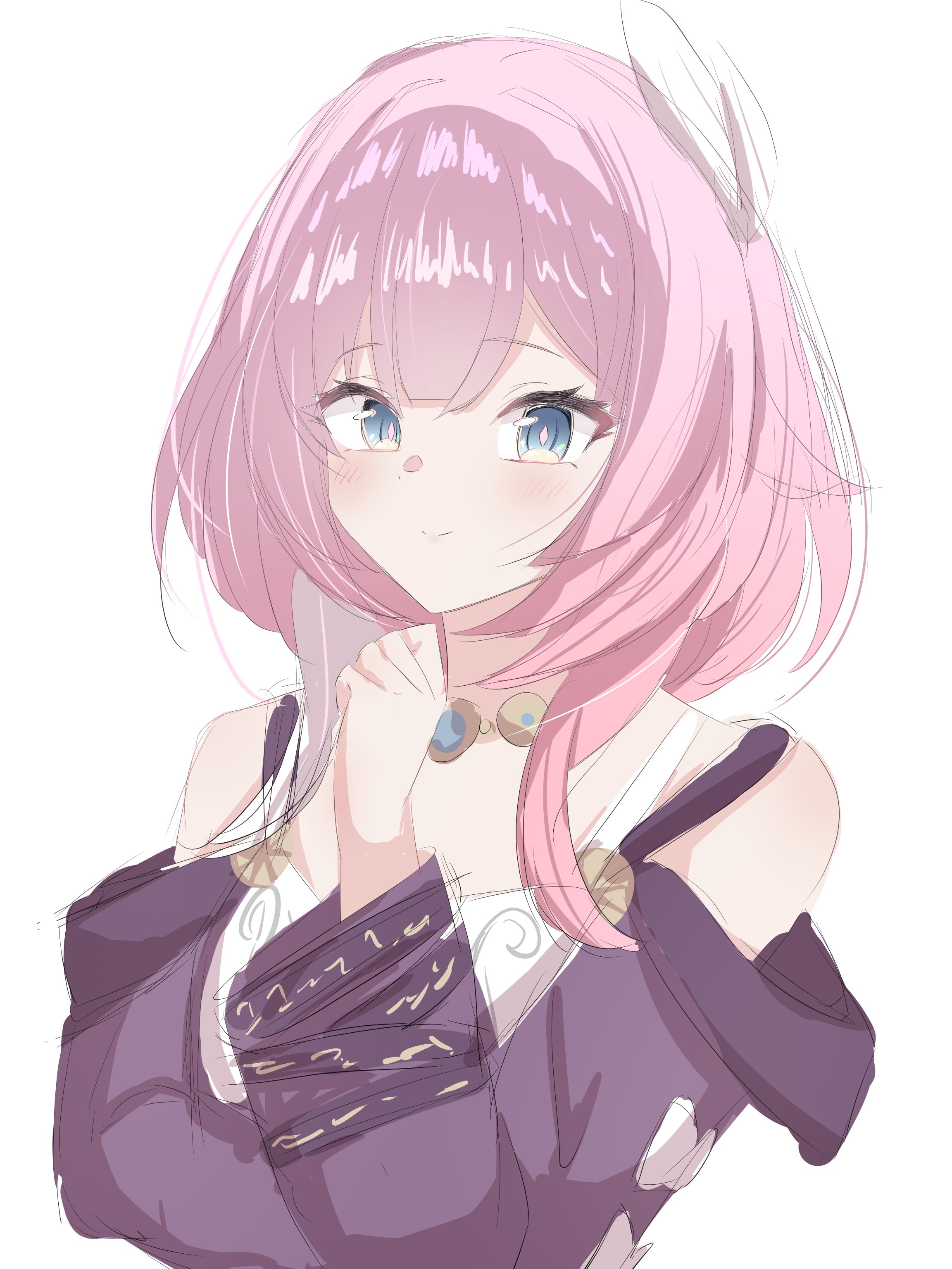 cyrene (honkai: star rail), honkai: star rail, honkai (series), absurdres, hashtag-only commentary, highres, 1girl, bare shoulders, blue eyes, breasts, coat, cyrene (aedes elysiae) (honkai: star rail), dress, hair ornament, jewelry, looking at viewer, mahuyuyu0, multicolored hair, necklace, pink hair, purple coat, short hair, simple background, small breasts, smile, solo, two-tone hair, upper body, white background, white dress, white hair