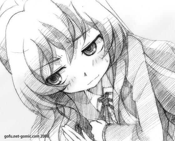gofu, aisaka taiga, toradora!, traditional media, 00s, averting eyes, greyscale, monochrome, sketch