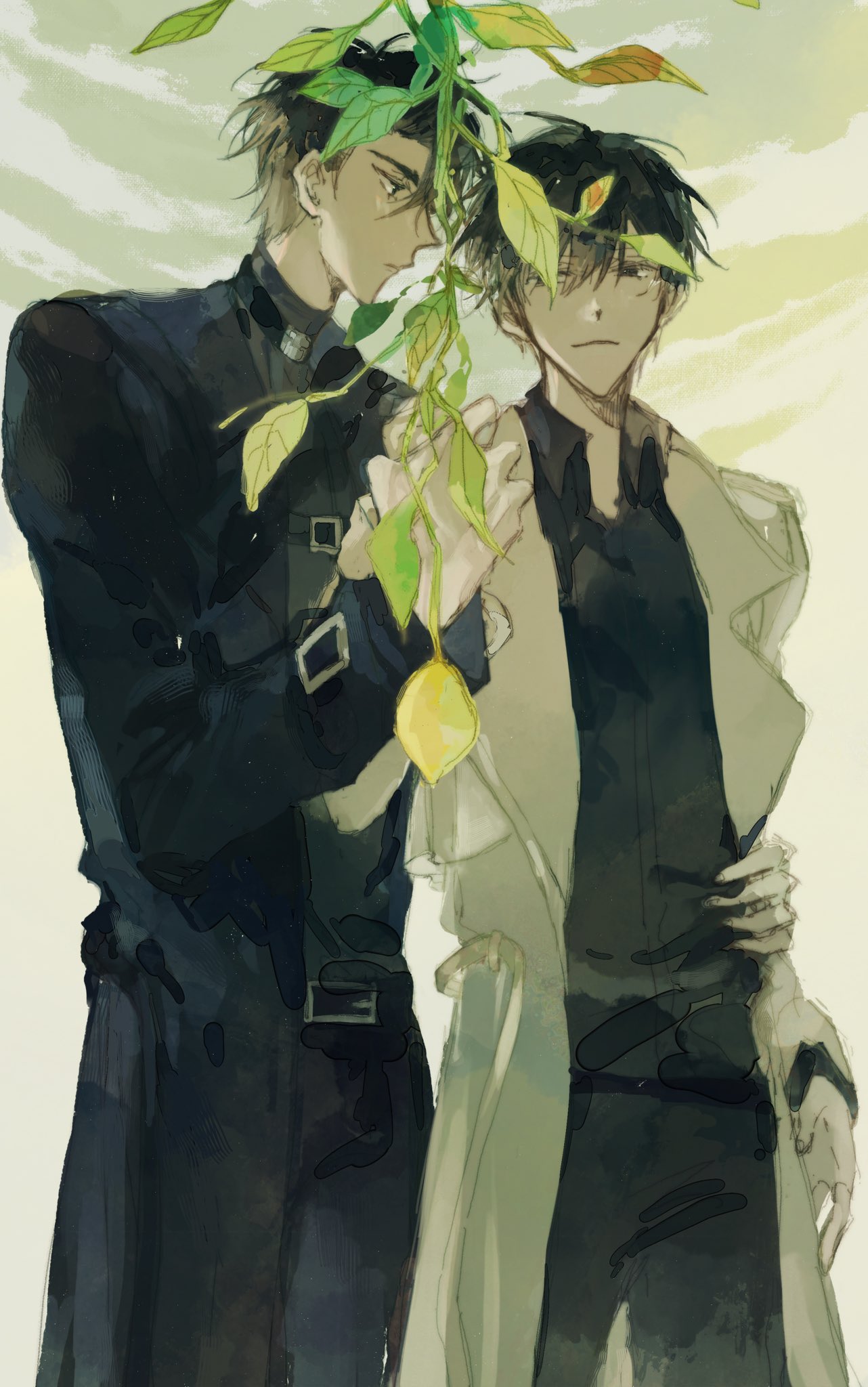 kim dokja, yoo joonghyuk, omniscient reader's viewpoint, highres, 2boys, black eyes, black hair, black shirt, breathing742105, coat, collared shirt, hand on another's hip, hanging plant, holding hands, large hands, looking at another, male focus, mistletoe, multiple boys, open clothes, open coat, plant, shirt, short hair, smile, white coat, yaoi