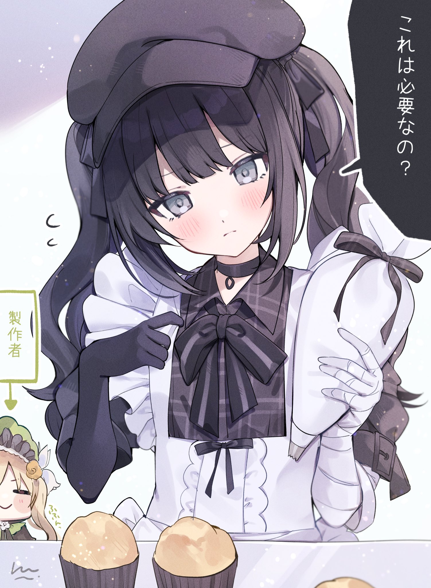 ruu hh, toono hanna, mahou shoujo no majo saiban, commentary request, highres, translation request, 2girls, apron, arrow (symbol), bandaged arm, bandages, black choker, black gloves, black hair, black hat, black ribbon, blonde hair, blunt bangs, blush, center frills, choker, closed mouth, cupcake, dress, flying sweatdrops, food, frills, gloves, grey dress, grey eyes, hands up, hat, holding, holding pastry bag, kurobe nanoka, long hair, magical girl, multiple girls, neck ribbon, pastry bag, ribbon, smile, solo focus, speech bubble, table, twintails, upper body, white apron