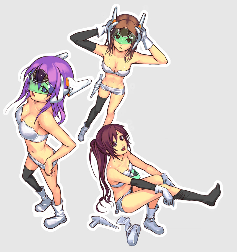 yuuji (and), original, bad id, bad pixiv id, 3girls, asymmetrical clothes, boots, breasts, brown hair, cleavage, elbow gloves, gloves, large breasts, medium breasts, midriff, multiple girls, navel, purple hair, shoes, shorts, single shoe, single thighhigh, thighhighs