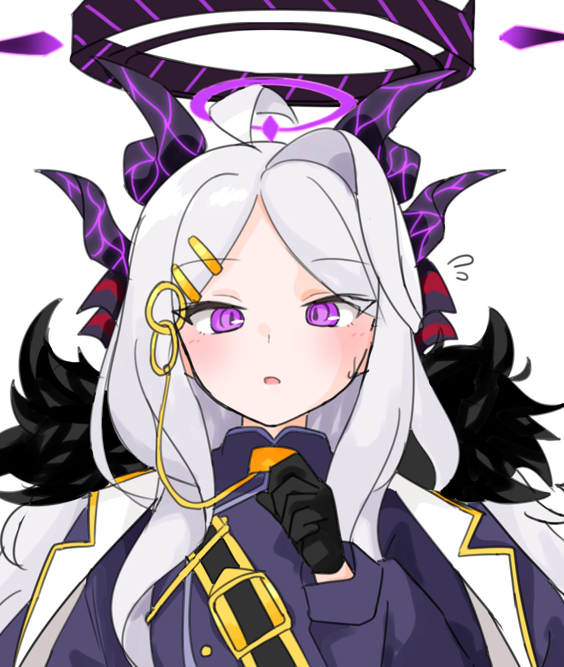 riru 121, hina (blue archive), blue archive, commentary, highres, 1girl, ahoge, black gloves, black halo, blush, coat, coat on shoulders, demon horns, flying sweatdrops, fur collar, gloves, hair ornament, hairclip, halo, horns, long hair, long sleeves, looking at viewer, multiple horns, open mouth, parted bangs, purple coat, purple eyes, purple halo, simple background, solo, upper body, white background, white hair