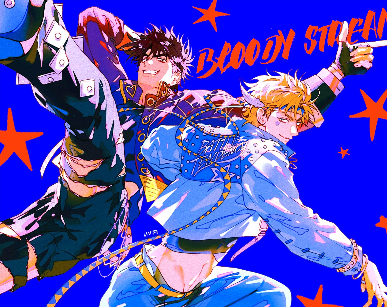 sues, caesar anthonio zeppeli, joseph joestar, joseph joestar (young), battle tendency, jojo no kimyou na bouken, hashtag-only commentary, 2boys, arm up, belt, black gloves, blonde hair, blue background, blue eyes, blue jacket, blue pants, boots, bracelet, brown hair, crop top, cropped jacket, denim, english text, facial mark, feather hair ornament, feathers, finger gun, fingerless gloves, gloves, grey eyes, grin, hair ornament, headband, jacket, jeans, jewelry, leg up, long sleeves, male focus, midriff, multiple boys, orange belt, pants, pointing, short hair, smile, star (symbol), teeth, torn clothes, torn jeans, torn pants, triangle print, yellow headband