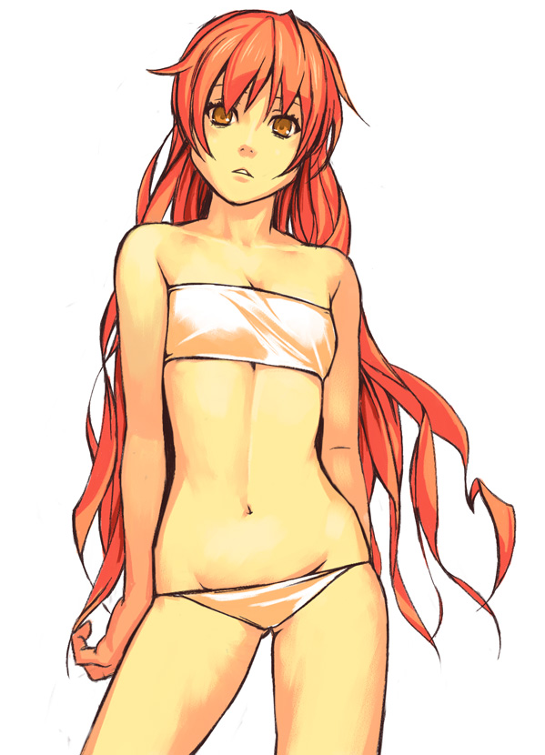 yuuji (and), original, bad id, bad pixiv id, 1girl, bandeau, bandeau bikini, bikini, breasts, cowboy shot, female focus, flat chest, groin, long hair, looking at viewer, lowleg, lowleg bikini, navel, orange hair, red hair, simple background, small breasts, solo, strapless, swimsuit, tube top, white background, yellow eyes