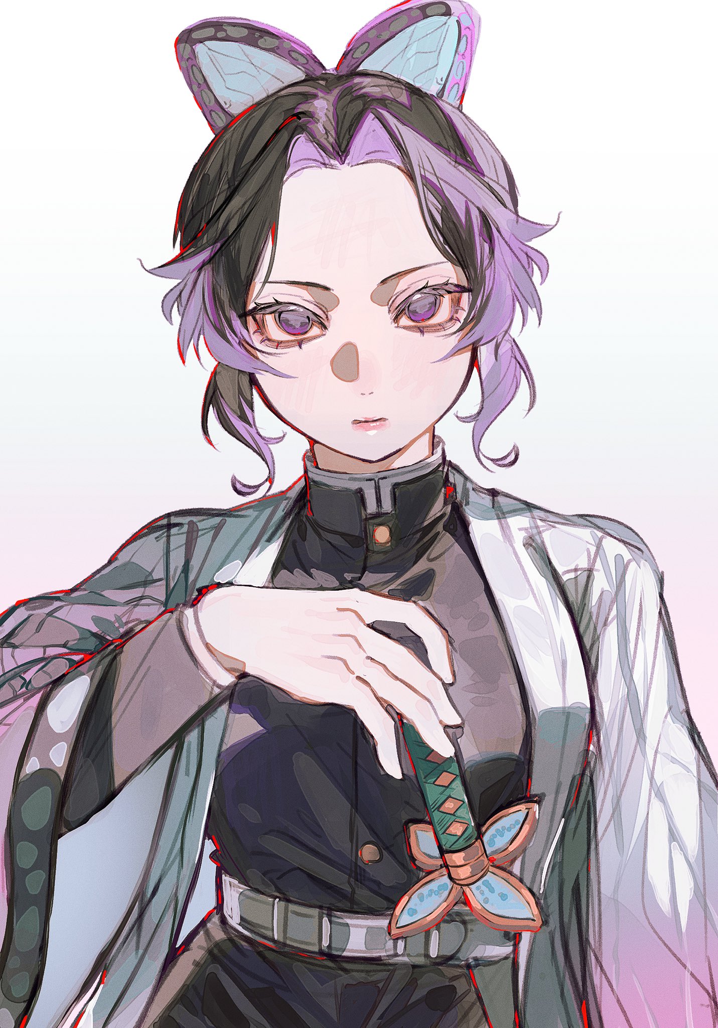 ikaooi1, kochou shinobu, kimetsu no yaiba, highres, 1girl, bug, butterfly, butterfly hair ornament, demon slayer uniform, gradient hair, hair ornament, haori, insect, japanese clothes, katana, multicolored hair, purple butterfly, solo, sword, weapon