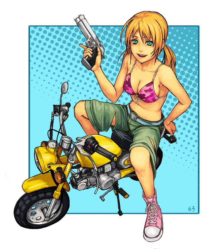 yuuji (and), mustard seeds, original, vehicle, bad id, bad pixiv id, 1girl, aqua eyes, bikini, bikini top only, blonde hair, breasts, cleavage, female focus, front-tie top, gun, handgun, holding, holding gun, holding weapon, medium breasts, midriff, minibike, motor vehicle, motorcycle, pistol, shoes, shorts, sideboob, sneakers, solo, swimsuit, trigger discipline, twintails, weapon