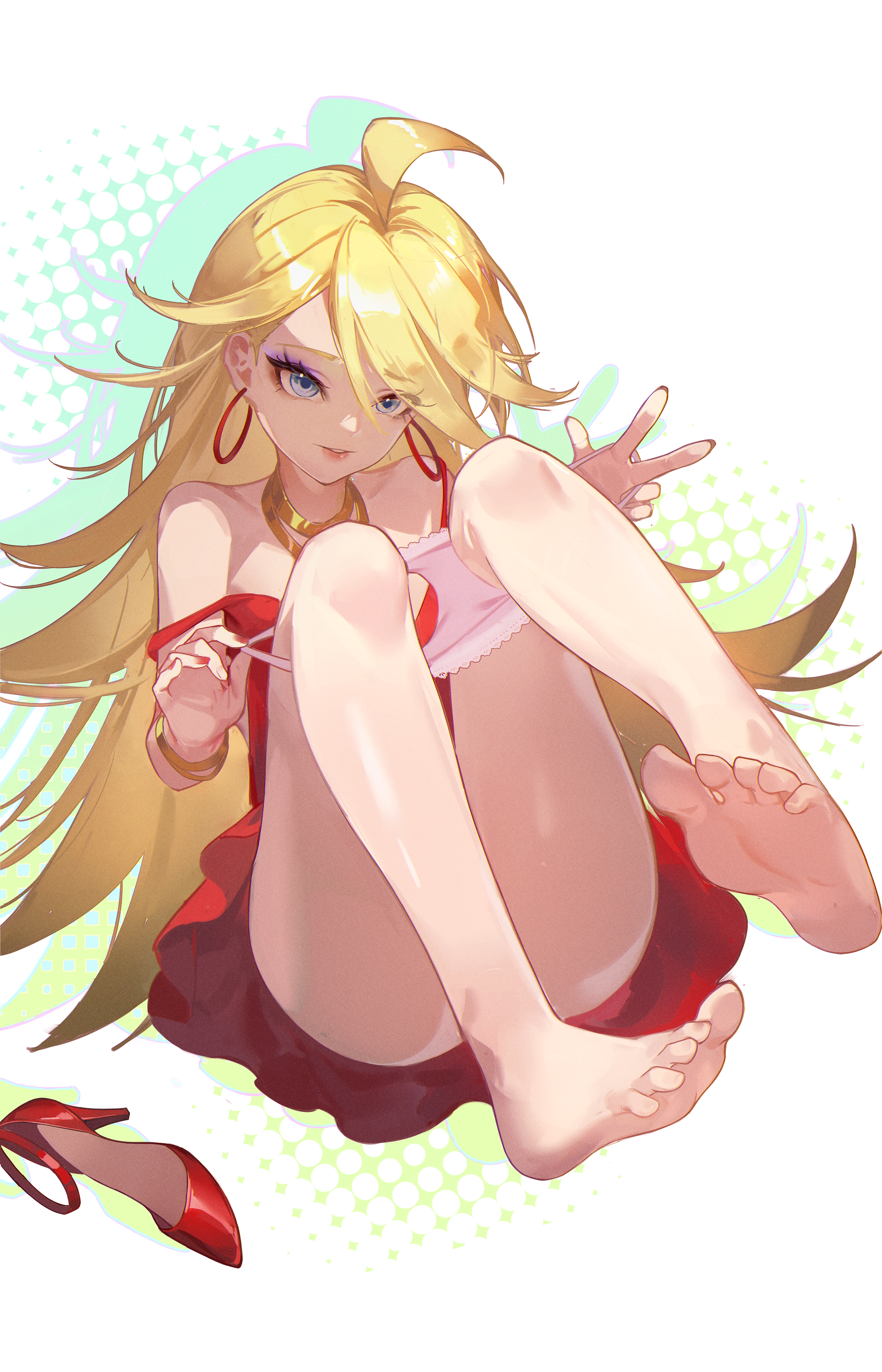 woodylixx, panty (psg), panty & stocking with garterbelt, absurdres, commentary request, highres, 1girl, ahoge, barefoot, blonde hair, blue eyes, colored shadow, dress, earrings, feet, full body, high heels, hoop earrings, jewelry, long hair, looking at viewer, off shoulder, panties, pink panties, red dress, shadow, shoes, soles, solo, toes, underwear, undressing, unworn shoes