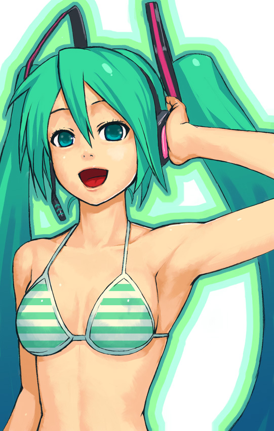 yuuji (and), hatsune miku, vocaloid, bad id, bad pixiv id, 1girl, armpits, bikini, female focus, green eyes, green hair, headphones, long hair, matching hair/eyes, microphone, solo, striped bikini, striped clothes, swimsuit, twintails