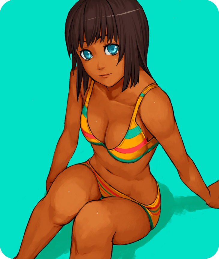 yuuji (and), original, bad id, bad pixiv id, 1girl, aqua background, bikini, blue eyes, breasts, brown hair, cleavage, dark-skinned female, dark skin, female focus, from above, medium breasts, navel, simple background, sitting, solo, striped bikini, striped clothes, swimsuit, yellow bikini