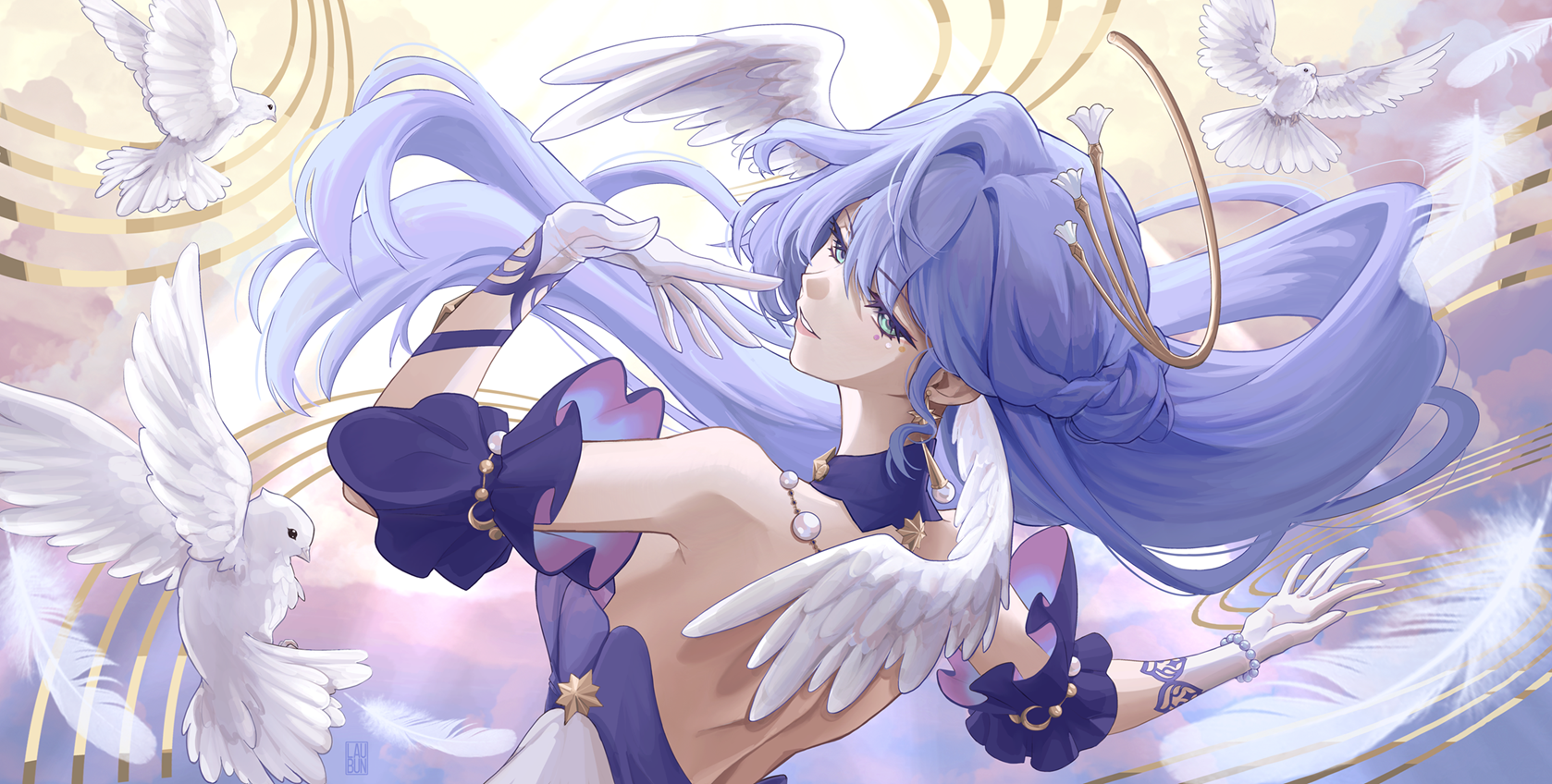 laubun, robin (honkai: star rail), honkai: star rail, honkai (series), commentary, english commentary, highres, 1girl, aqua eyes, backless dress, backless outfit, bare back, bead bracelet, beads, bird, blue hair, bracelet, choker, detached sleeves, dress, facial mark, gloves, grin, hair intakes, head wings, jewelry, long hair, looking at viewer, pink lips, purple choker, short sleeves, smile, solo, very long hair, white gloves, wings